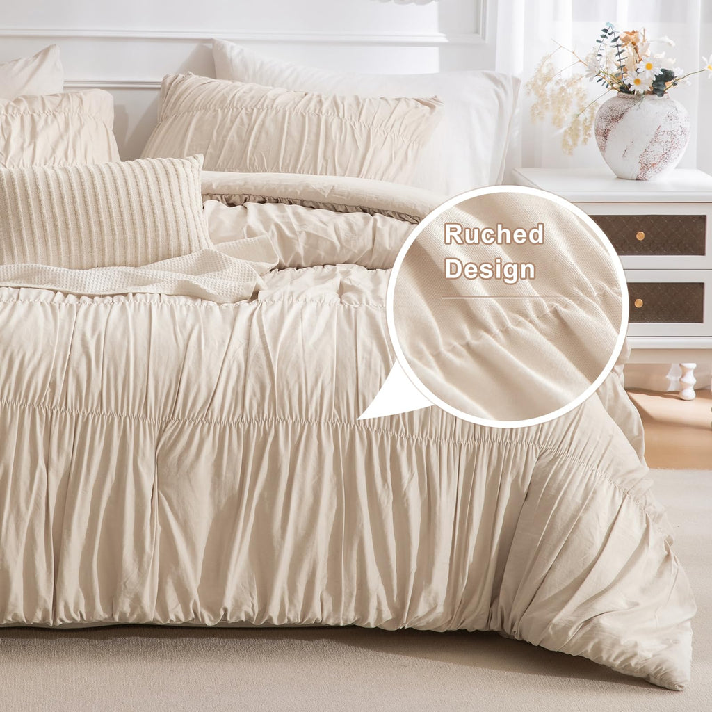 King Size Comforter Set(106"x95"), Wheat Ruched Bedding Comforter, Farmhouse Shabby Boho Chic Bedding 3 Pieces