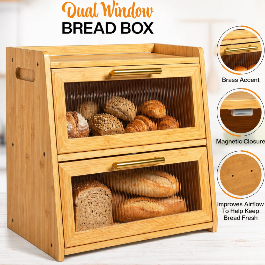 Extra Large Bamboo Countertop, Double Layer Wooden Breadbox Holds Multiple Loaves of Homemade Bread, 16.5 Inch