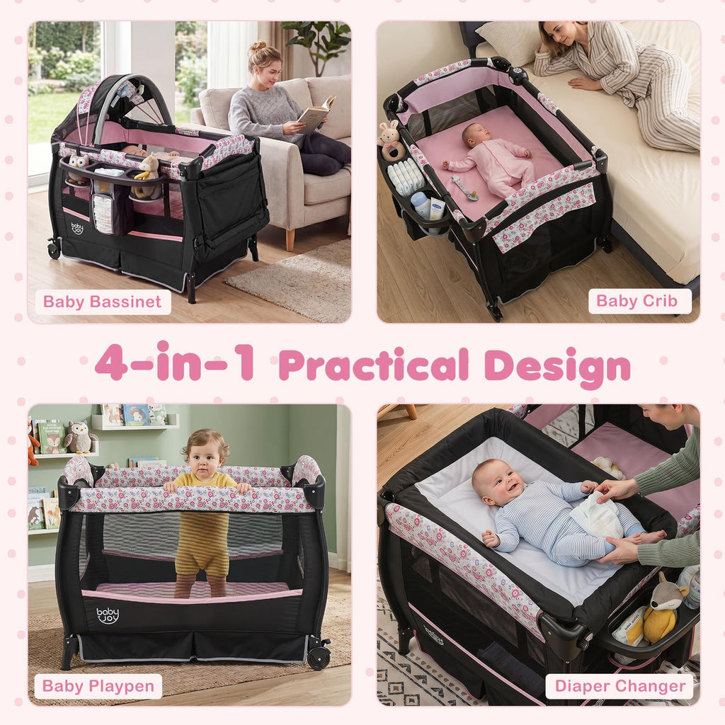 4 in 1 Play Yard, Portable Baby Playard with Bassinet & Flip-Away Changing Table, Canopy, Portable Bedside