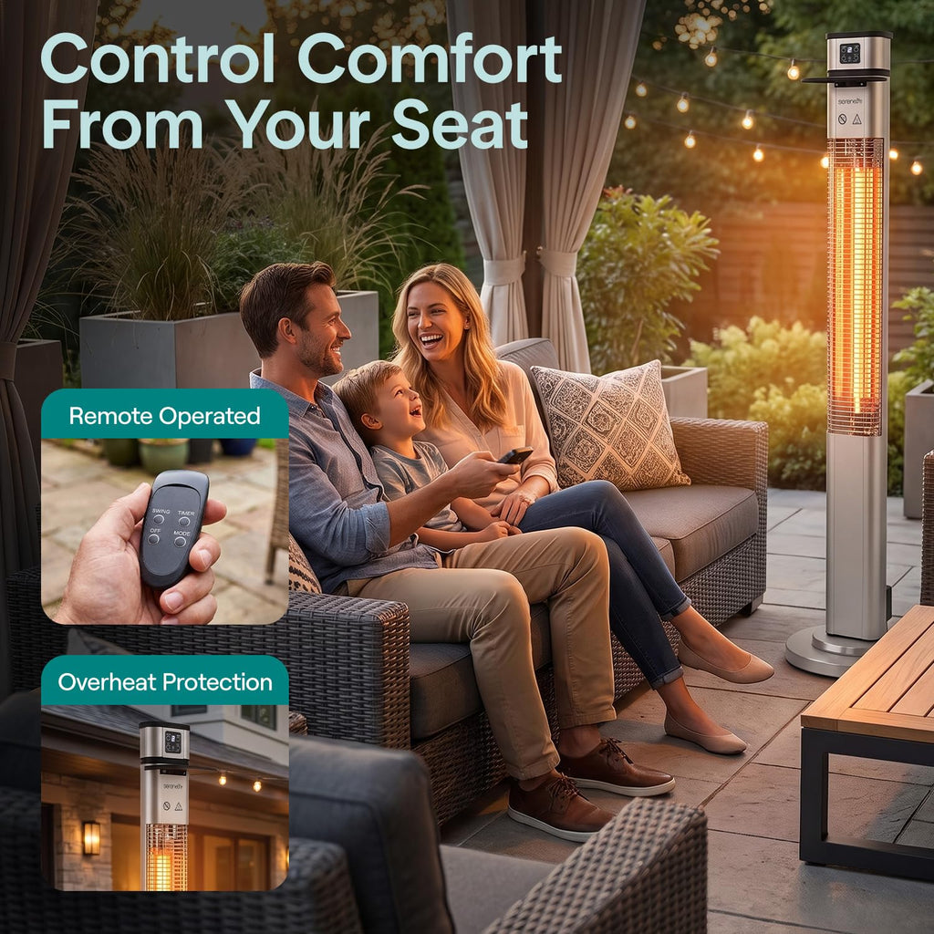 Infrared Patio Heater, 1500W Electric Standing with Remote Control, IP44 Approved, Odorless, Three Power Settings