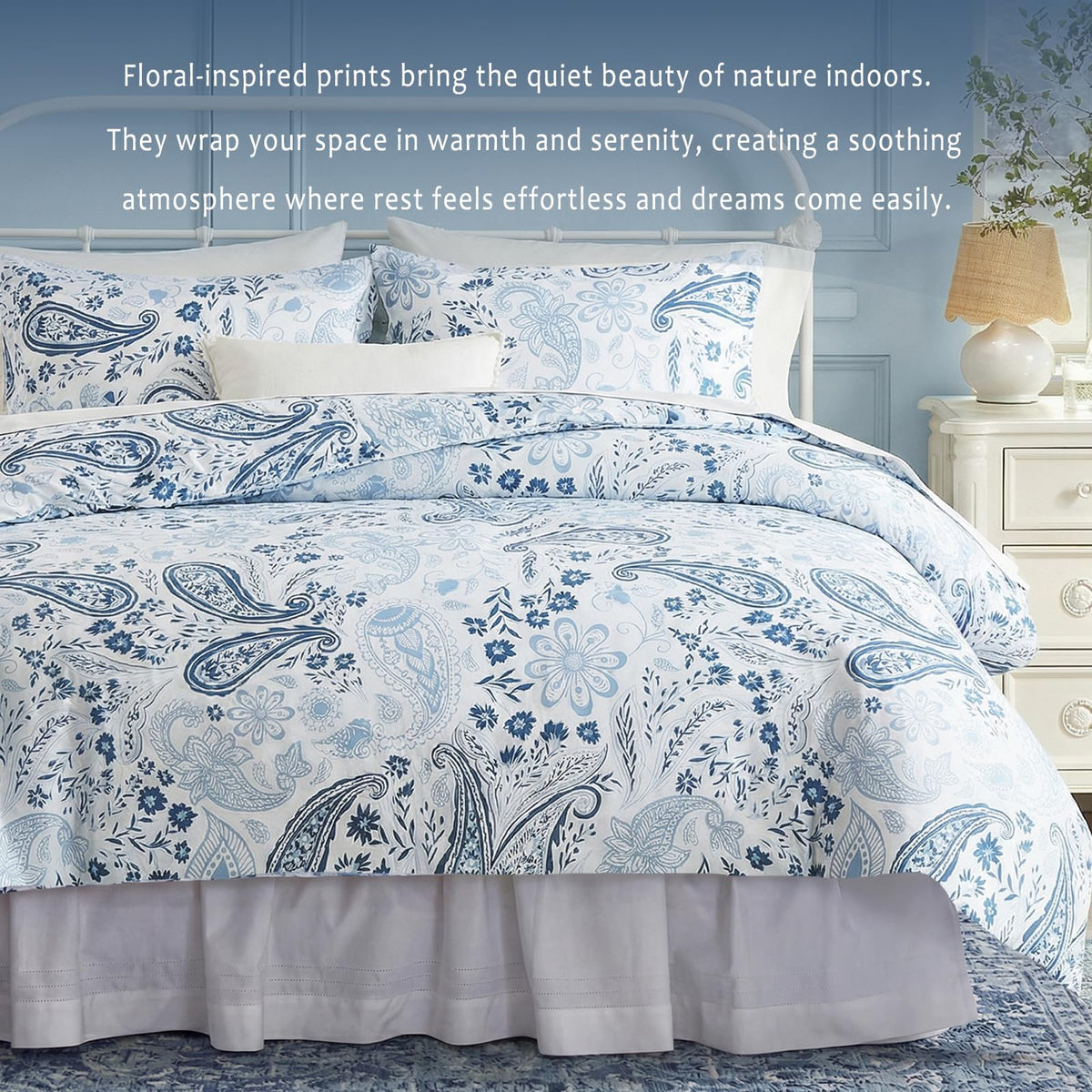 100% Cotton Duvet Cover Set Blue Paisley Bedding Set King Vintage Paisley Floral Design Boho Chic Bedding 3 Pcs Soft