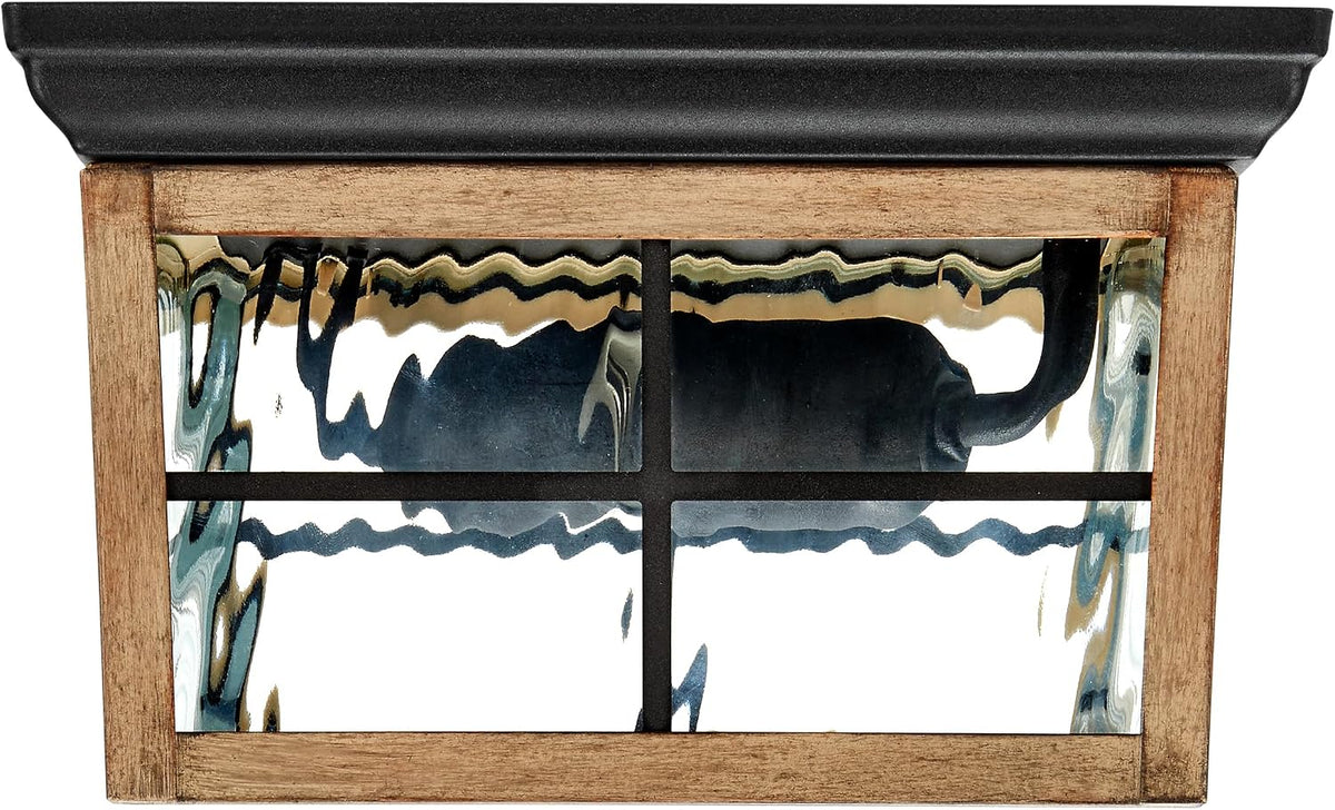 Outdoor Flush Mount Ceiling Light Fixture, Wood Grain, 2-Light | Water Glass, Square Farmhouse, Porch or Patio Light