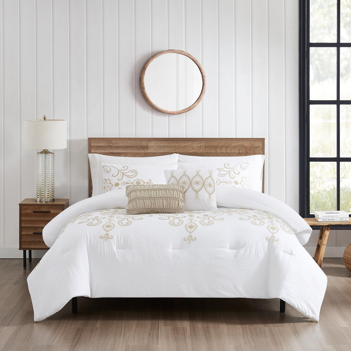 Sabrina Embroidered Comforter Set - 5 Piece White Bed Set with Gold Detailing, Decorative Pillows & Shams