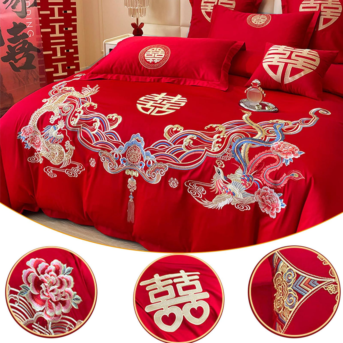 Chinese Red Wedding Bedding 4Pcs Set, Double Happiness Embroidered Duvet Cover Set No Comforter, Soft Cotton Flat