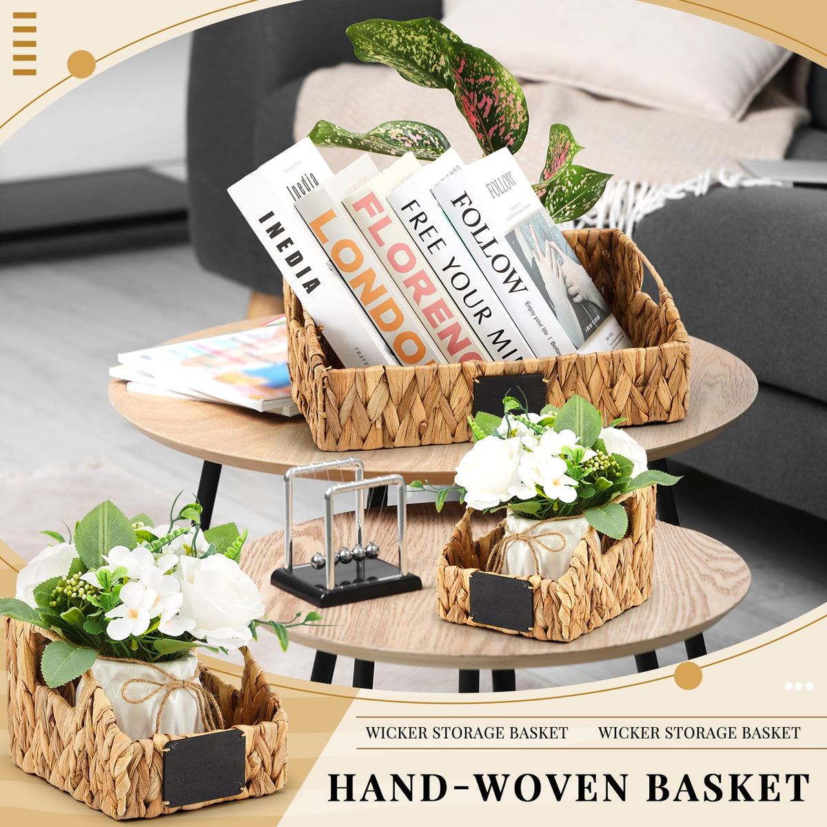 4 Pcs Water Hyacinth Storage Basket Set Boho Decor