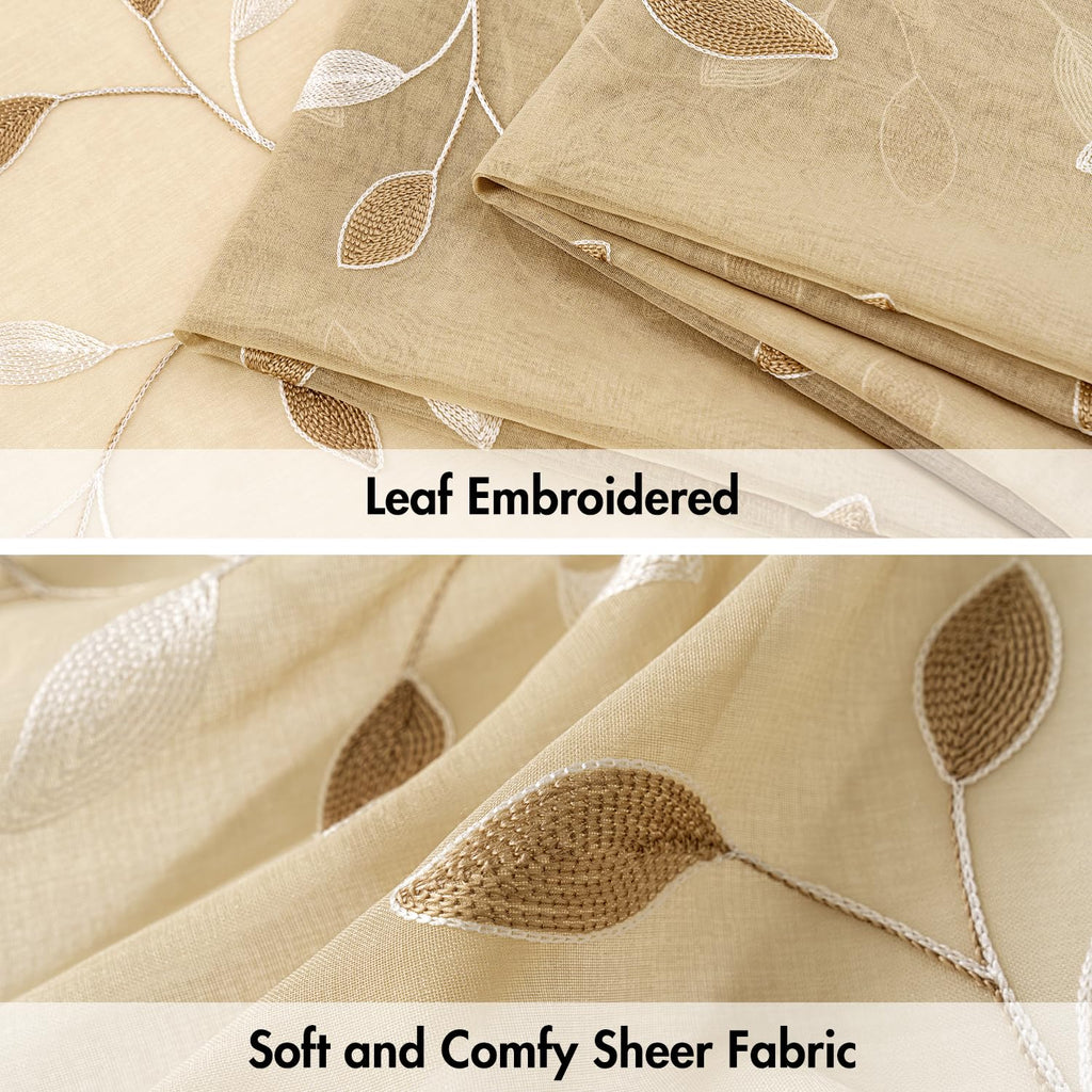 Beige Sheer Curtains 2 Panels Embroidered Leaf Patterned, W52 x L84