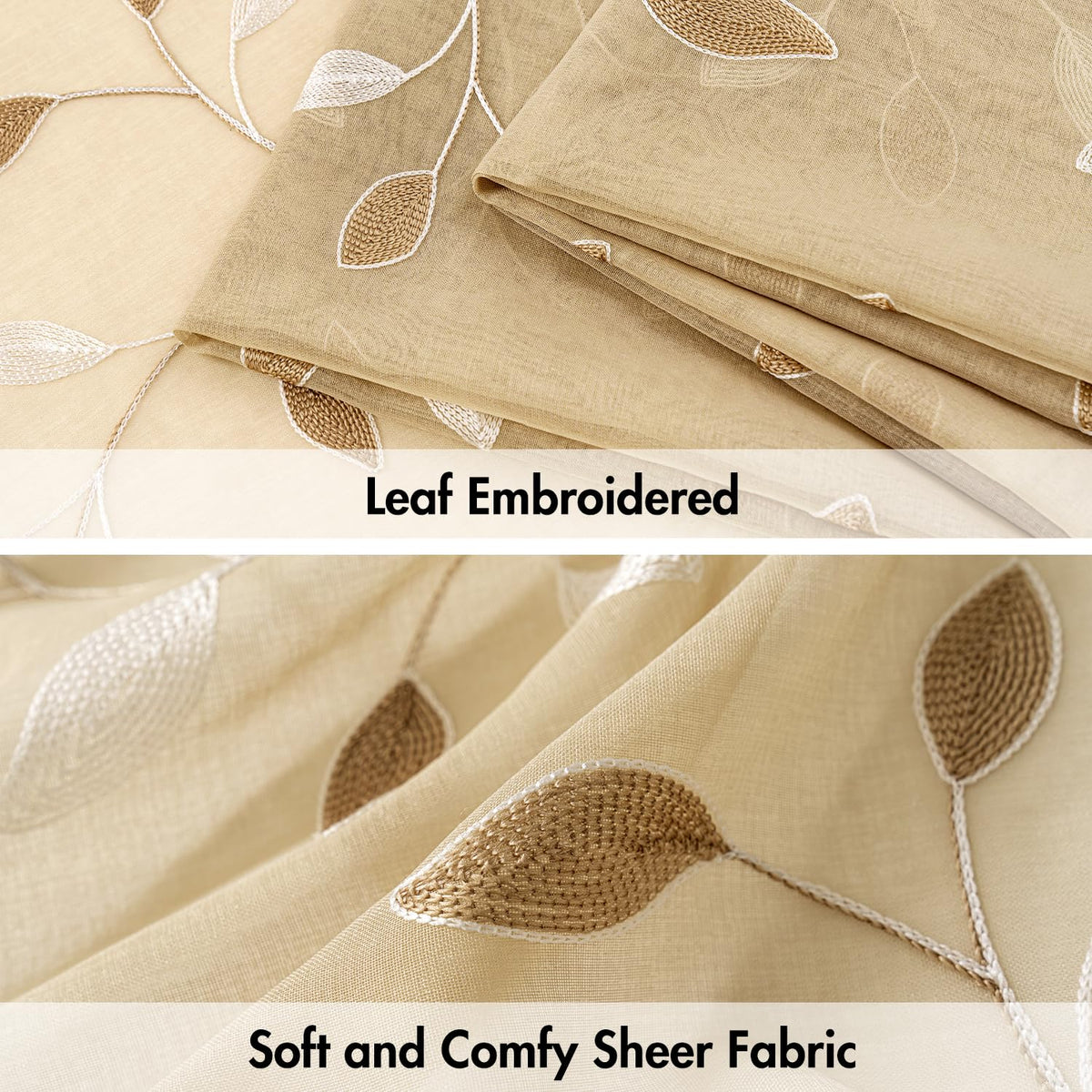 Beige Sheer Curtains 2 Panels Embroidered Leaf Patterned, W52 x L84