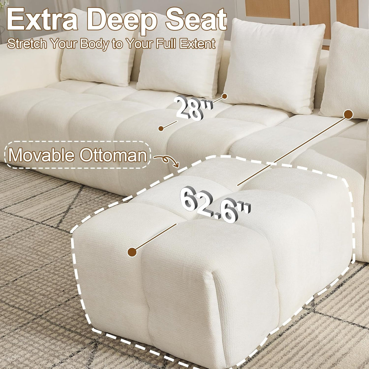 119" Boneless Couch, Cloud Sectional Couch with Deep Seat, High-Density Memory Foam and Chaise