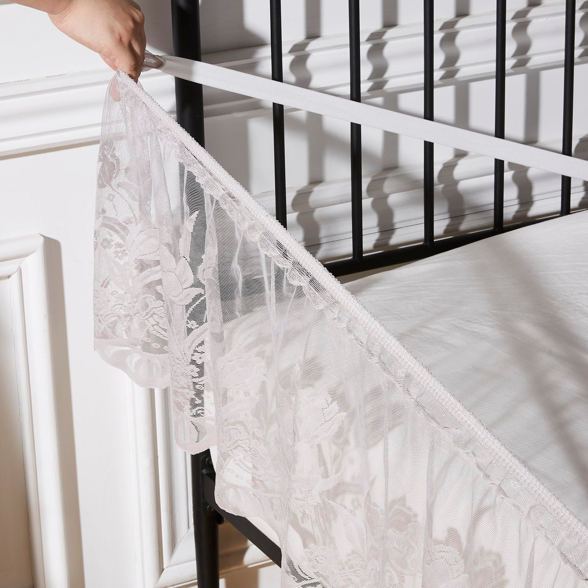 Grey Lace Bed Skirt for Bed. DO Silver