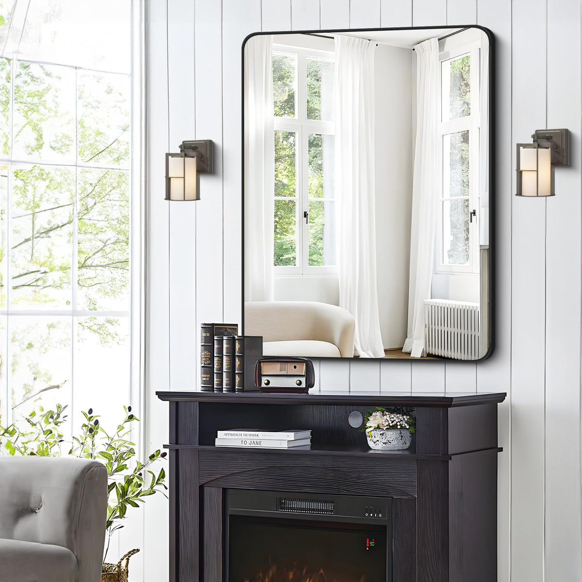 Bathroom Mirror 30" X 40", Large Rectangular Wall Mirror, Black Metal Framed Rounded Corner Wall Mounted Mirror