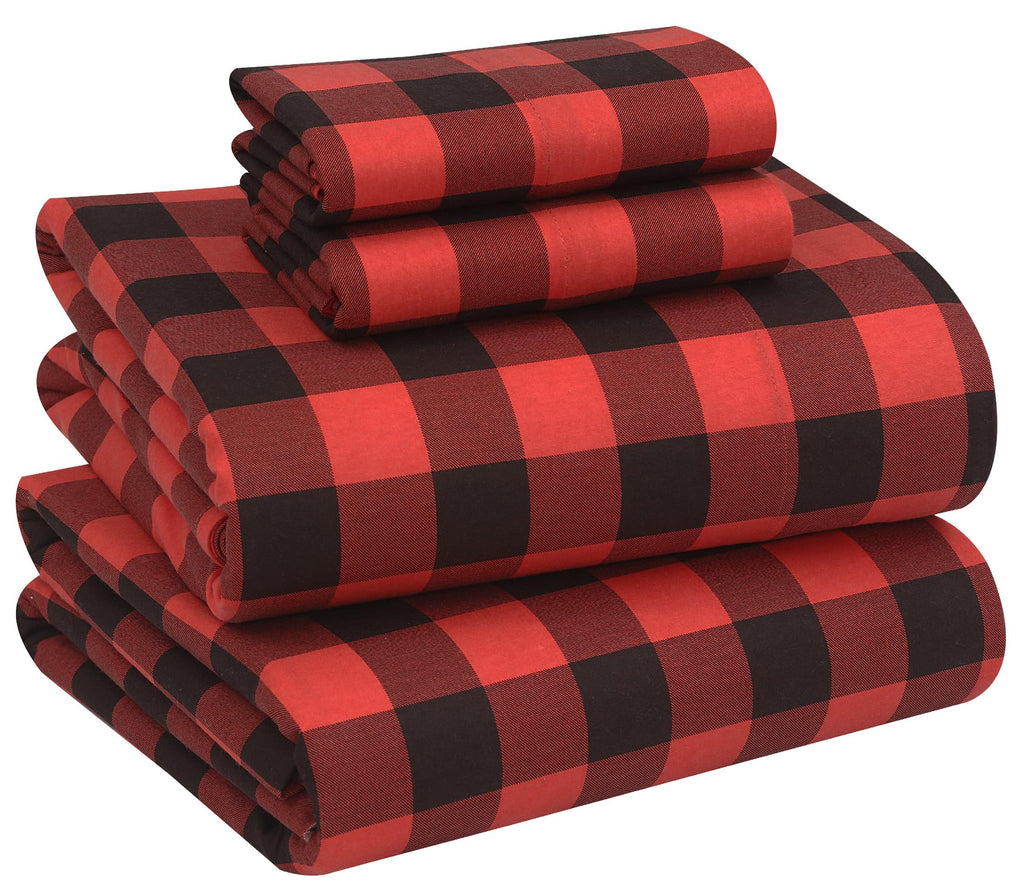 100% Cotton Flannel Sheets, 4 PCs, Red & Black Plaid