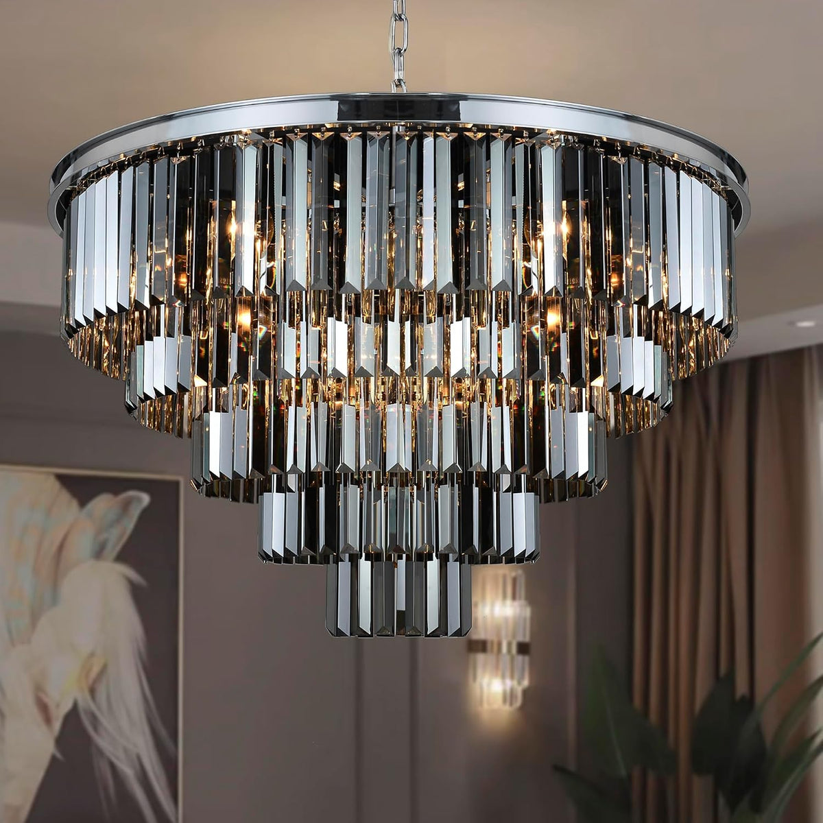 16-Light Chrome 5-Tier Smoke Crystal Chandelier, Dramatic Fixture for Foyers