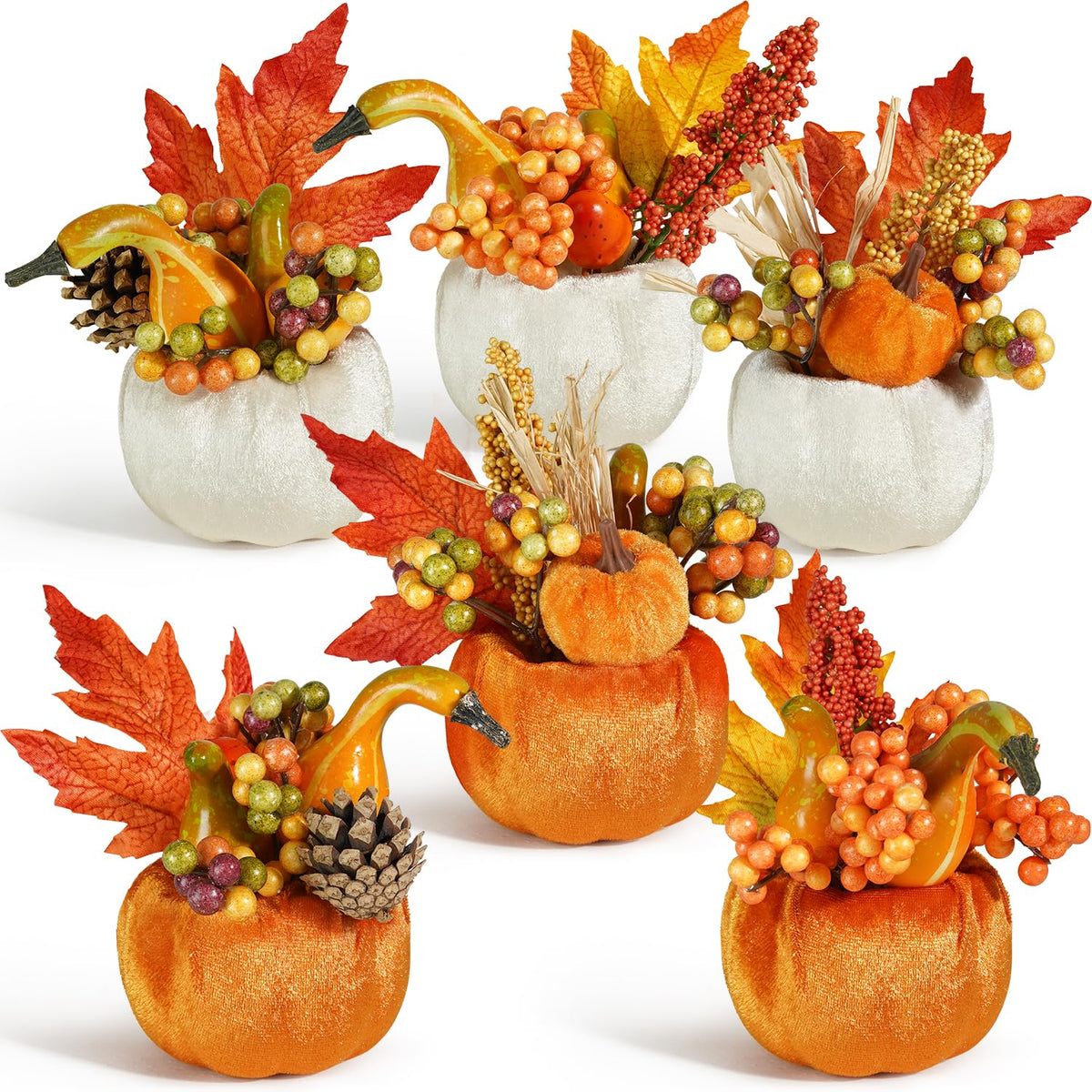 Set of 6 Artificial Pumpkins Decorations, Decorative Fabric Orange Pumpkin with Maple Berry Acorn Pine Cone