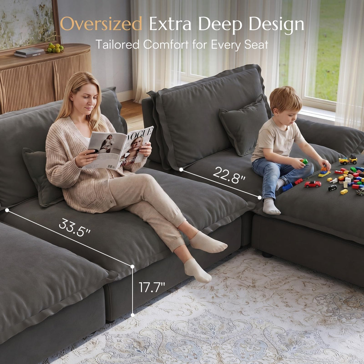Hudson 141.7'' Oversized Modular Sectional Sofa, 5 Seater, Grey