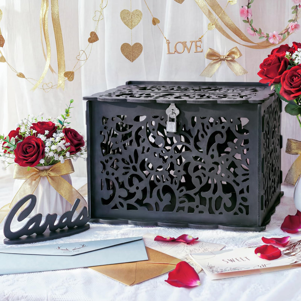 Black Wedding Card Box with Lock, Elegant PVC Card Boxes for Wedding Decorations for Reception, Secure & Versatile