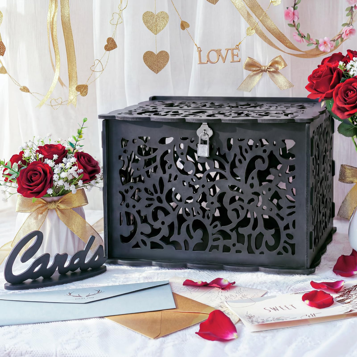 Black Wedding Card Box with Lock, Elegant PVC Card Boxes for Wedding Decorations for Reception, Secure & Versatile