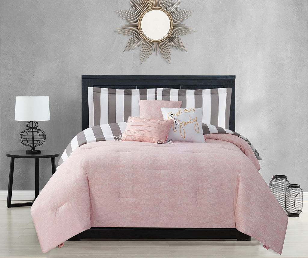 Cabana Stripe Reversible Bedding Set - Grey and White Stripe Print - 6 Piece Set - Includes 1 104" x 90"