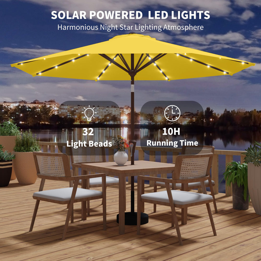 10FT Outdoor Patio Umbrella with Solar Lights, Market Table Umbrella with Push Button Tilt & Crank, 8 Sturdy Ribs, 32