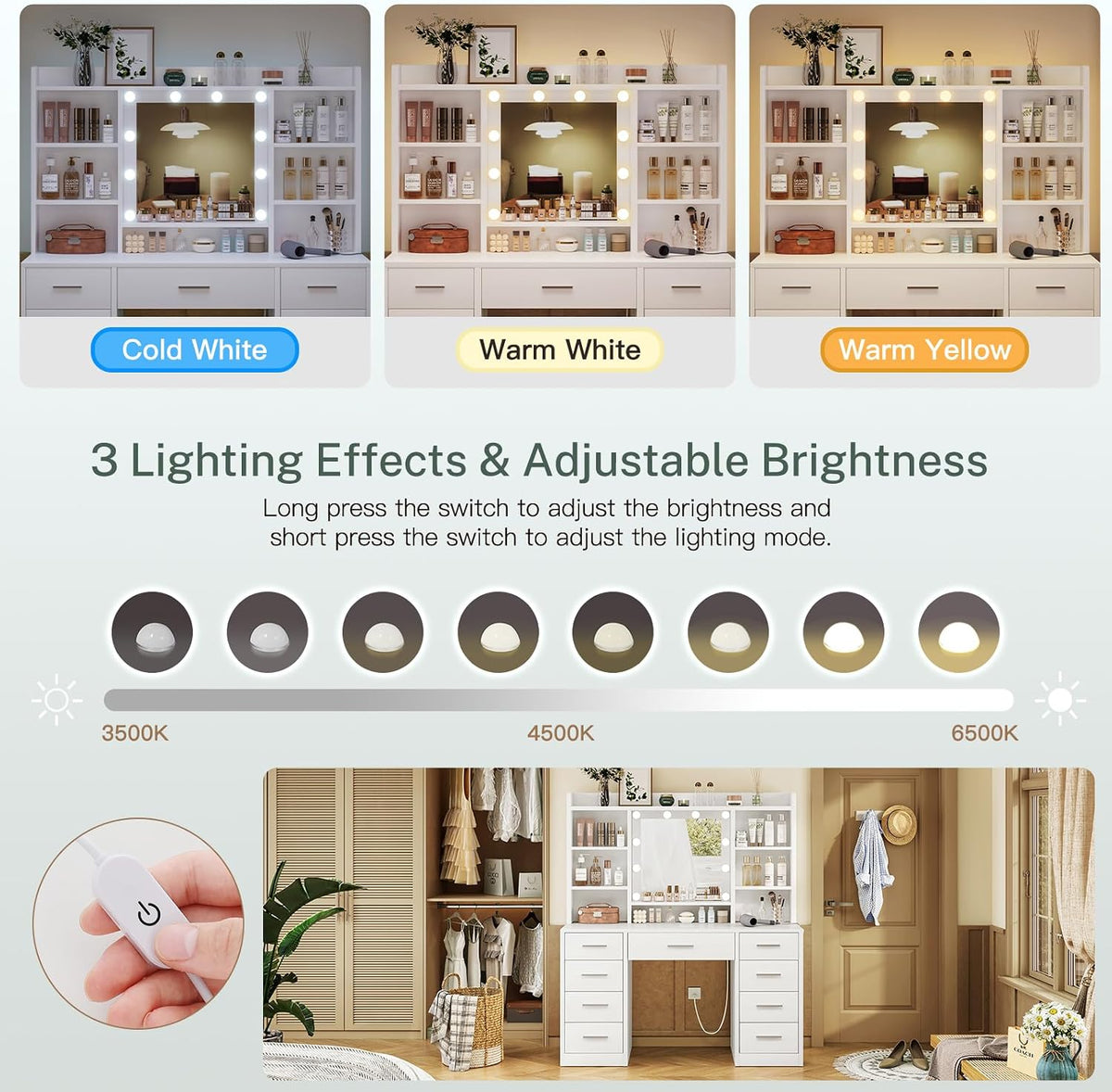 Vanity Desk with Mirror and Lights, Power Outlet, Makeup Vanity with 9 Drawers & 6 Open Storage Shelves, 3 Lighting
