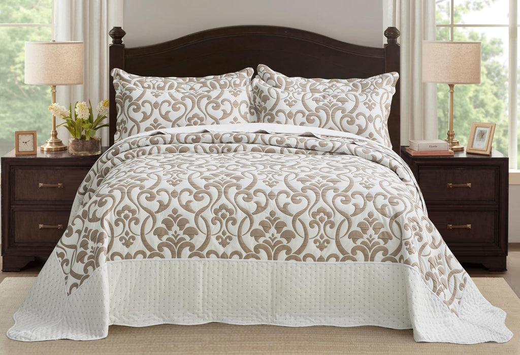 Oversized Bedspread 138x122, Jacquard Matelasse Floral Damask Design, 5-Piece Lightweight Reversible Microfiber
