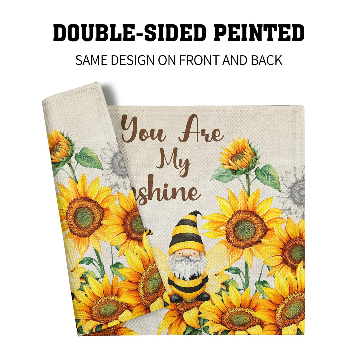 Bee Gnomes Placemats Set of 4, 12x18 Inch Vintage Summer Sunflowers Linen Place Mat, Sunshine Floral Heat Resistant