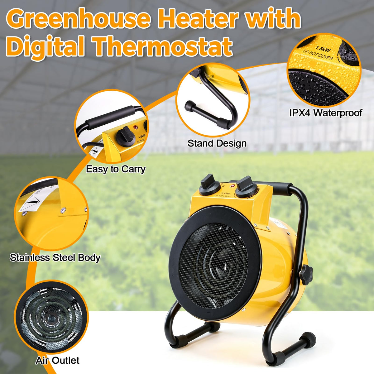 Greenhouse Heater with Thermostat, Electric Outdoor Heater, Yellow