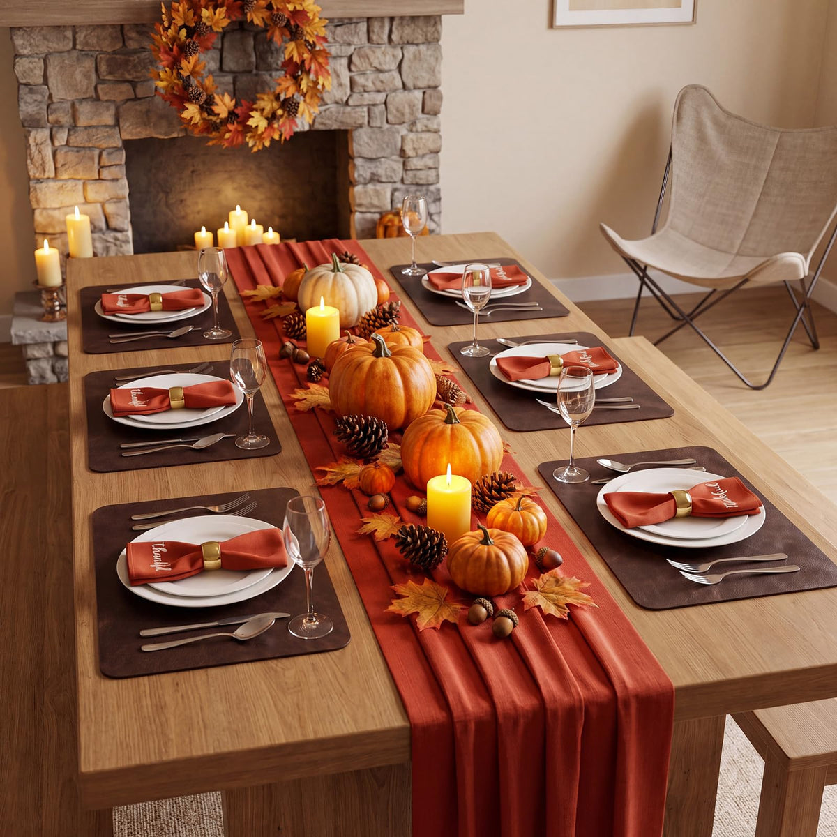 Fall Placemats Set of 6, Heat Resistant Faux Leather, Coffee