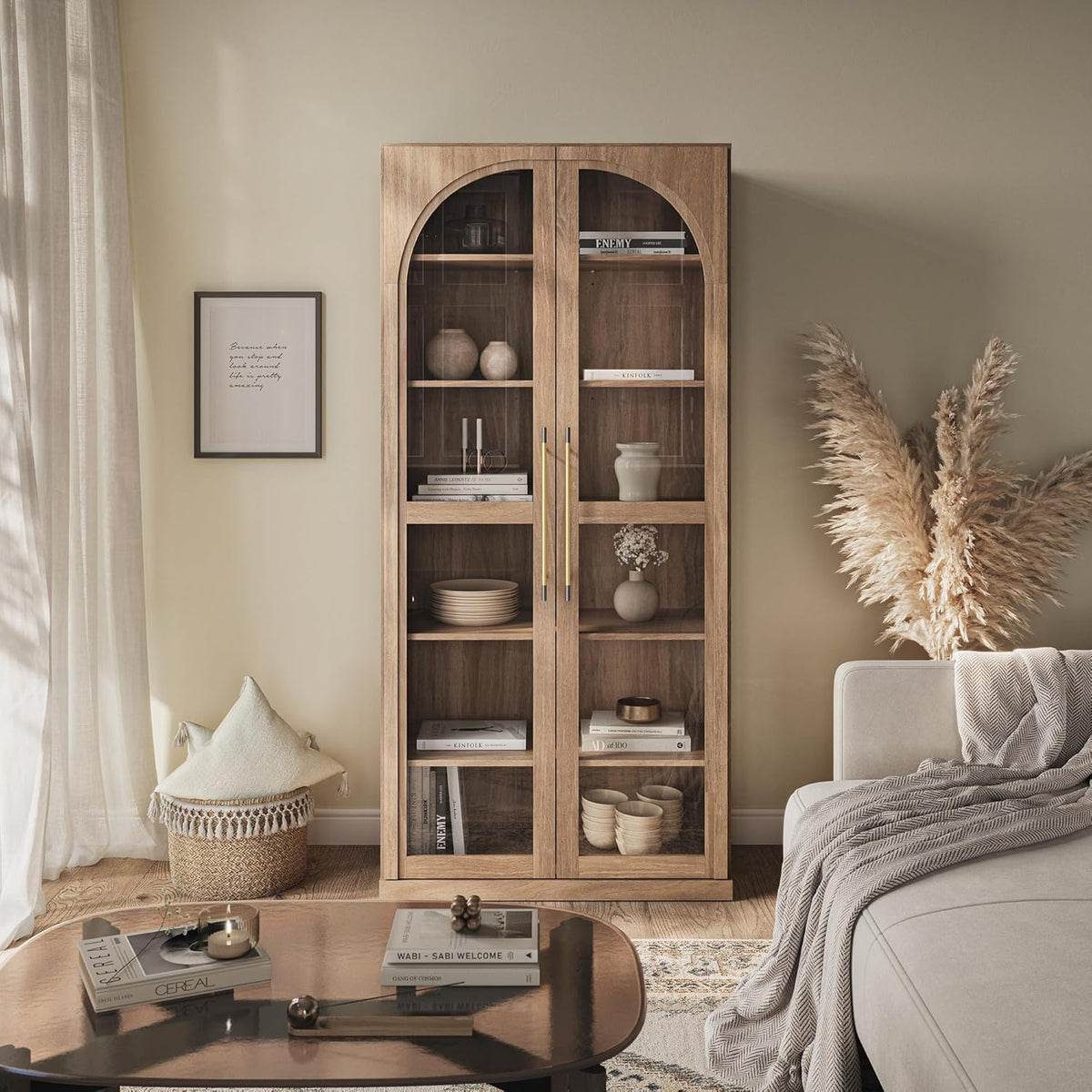 Modern Wood Wine Curio Cabinets with 4 Adjustable Shelves, 67" Storage Cabinet, 6 Shelf Glass Bookshelf Display