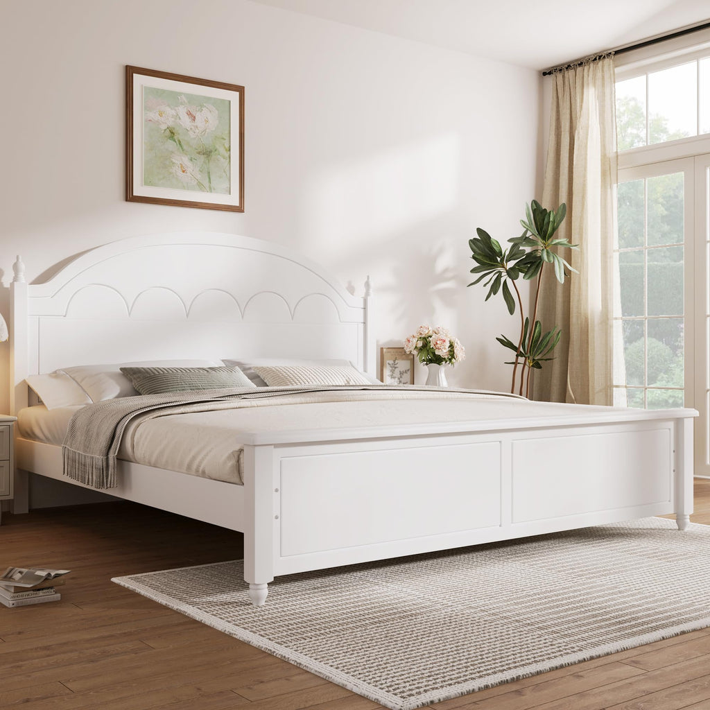 Wooden Bed Frames with White Headboard, Japanese Pine Wood Platform Bed, Rustic & Mid-Century Modern