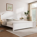 Wooden Bed Frames with White Headboard, Japanese Pine Wood Platform Bed, Rustic & Mid-Century Modern
