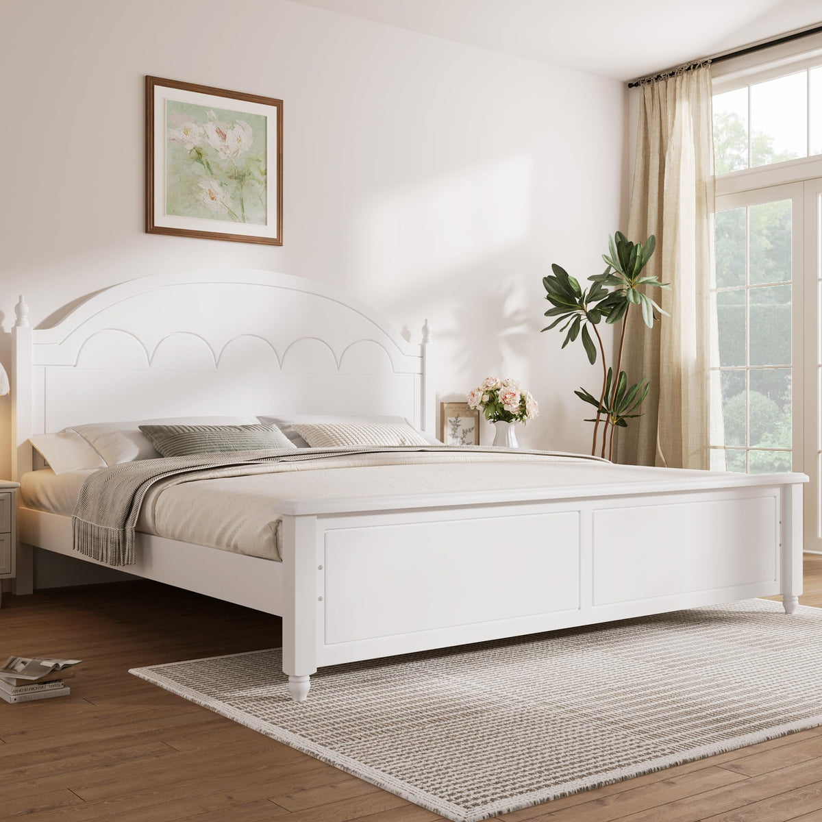 Wooden Bed Frames with White Headboard, Japanese Pine Wood Platform Bed, Rustic & Mid-Century Modern