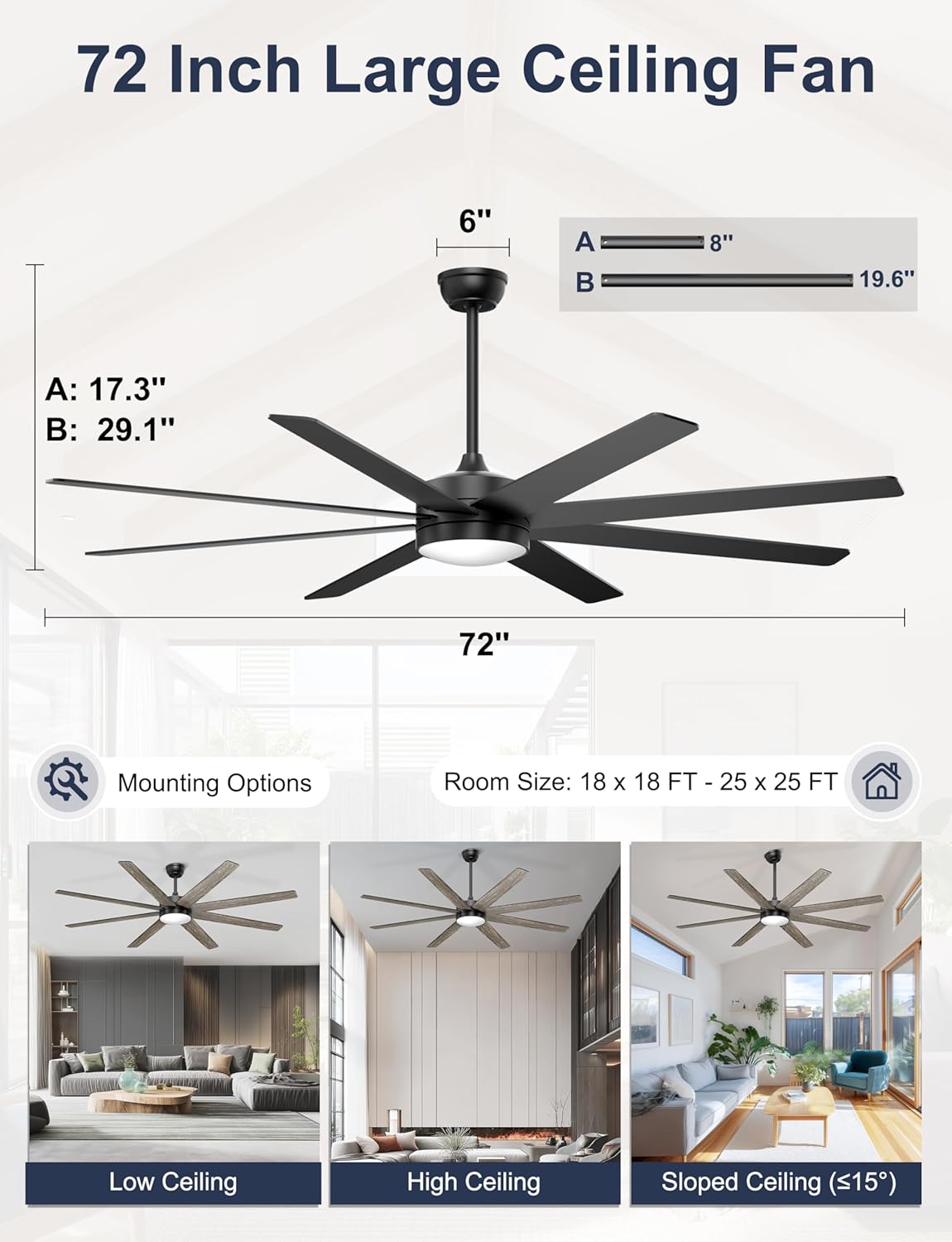 72'' Large Ceiling Fans with Lights, Modern Black Ceiling Fan Remote/APP Control, Dimmable