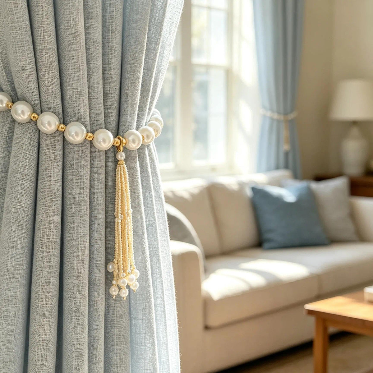 15Inch Magnetic Curtain Ties Faux Pearl Gold Tassel No Drill Style14 - 2 Pack