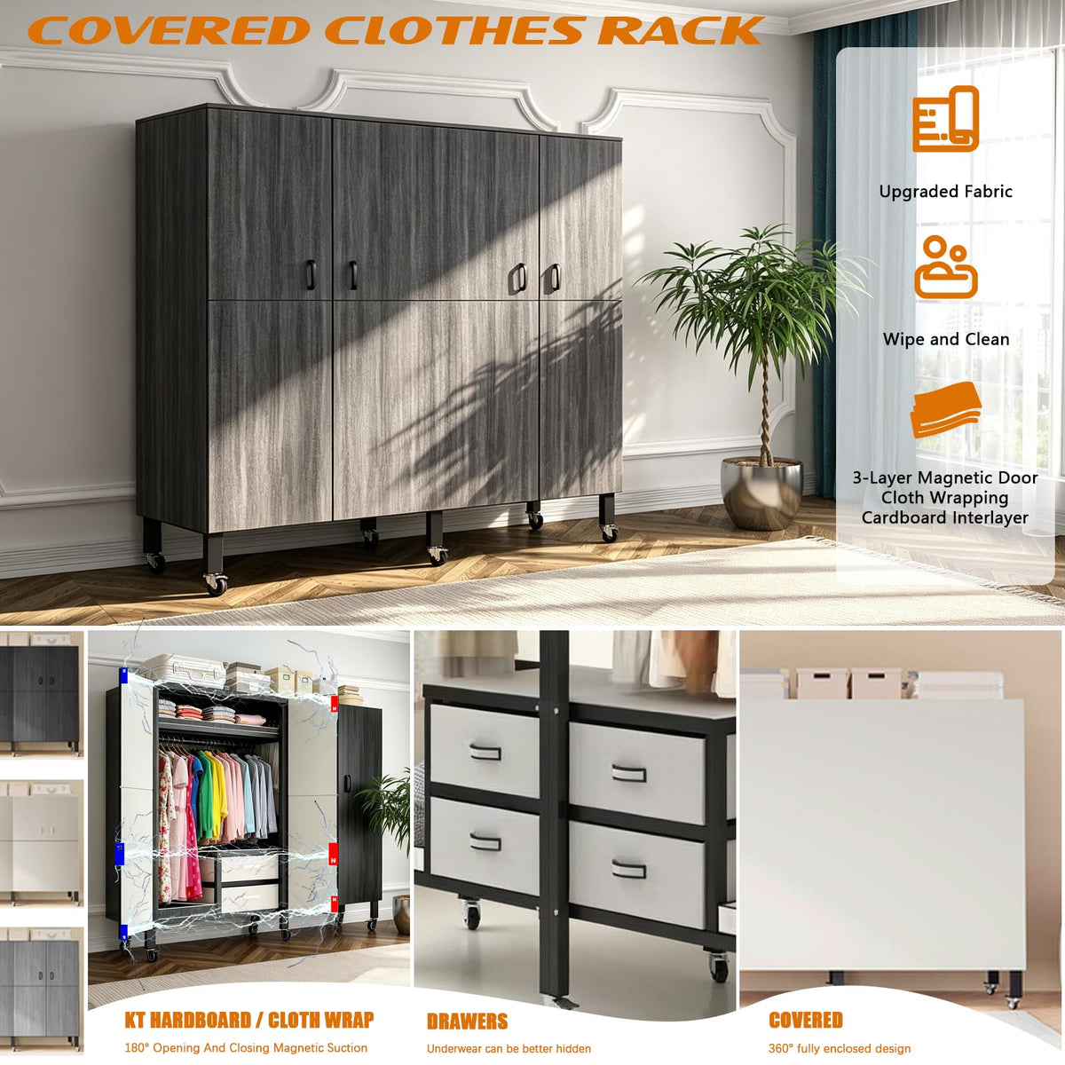 Portable Closet with Drawers Heavy Duty with Cover, KT-Black L:70.9in/180cm