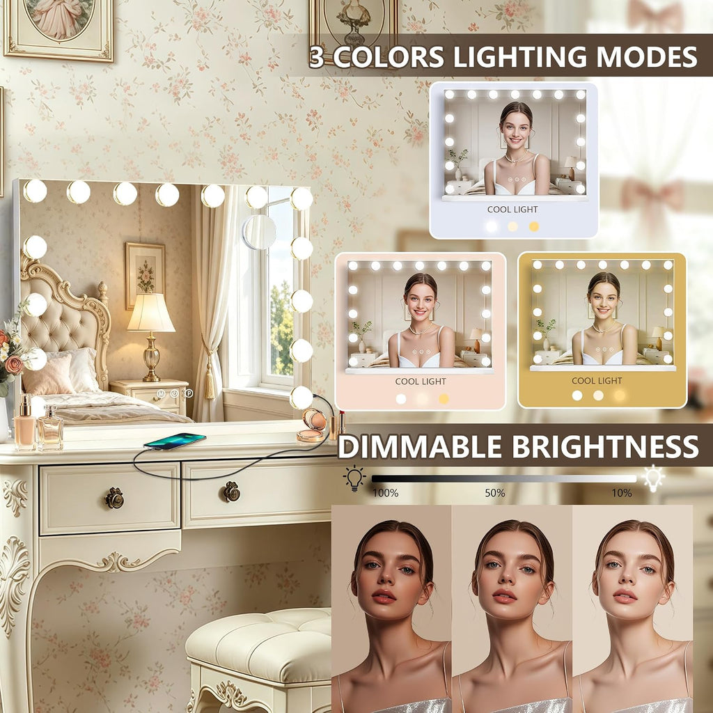 Hollywood Vanity Mirror with Lights, 23" x 18", 15 Dimmable Bulbs, 3 Color Lights, Make Up Lighted Mirror, USB