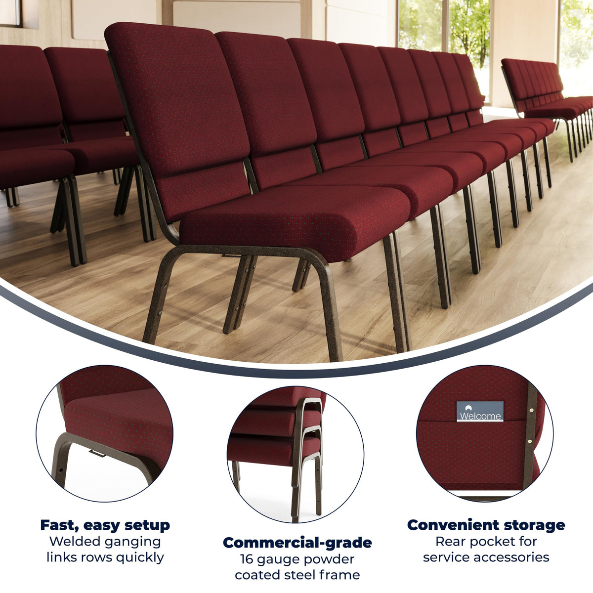 Hercules 18.5 in Wide Fabric Church Chair, Burgundy