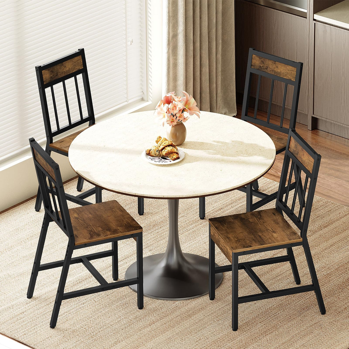 Dining Chairs Set of 4, Industrial Kitchen Chairs with Metal Frame, Slanted Back, Wooden Dining Chair Set, Rustic