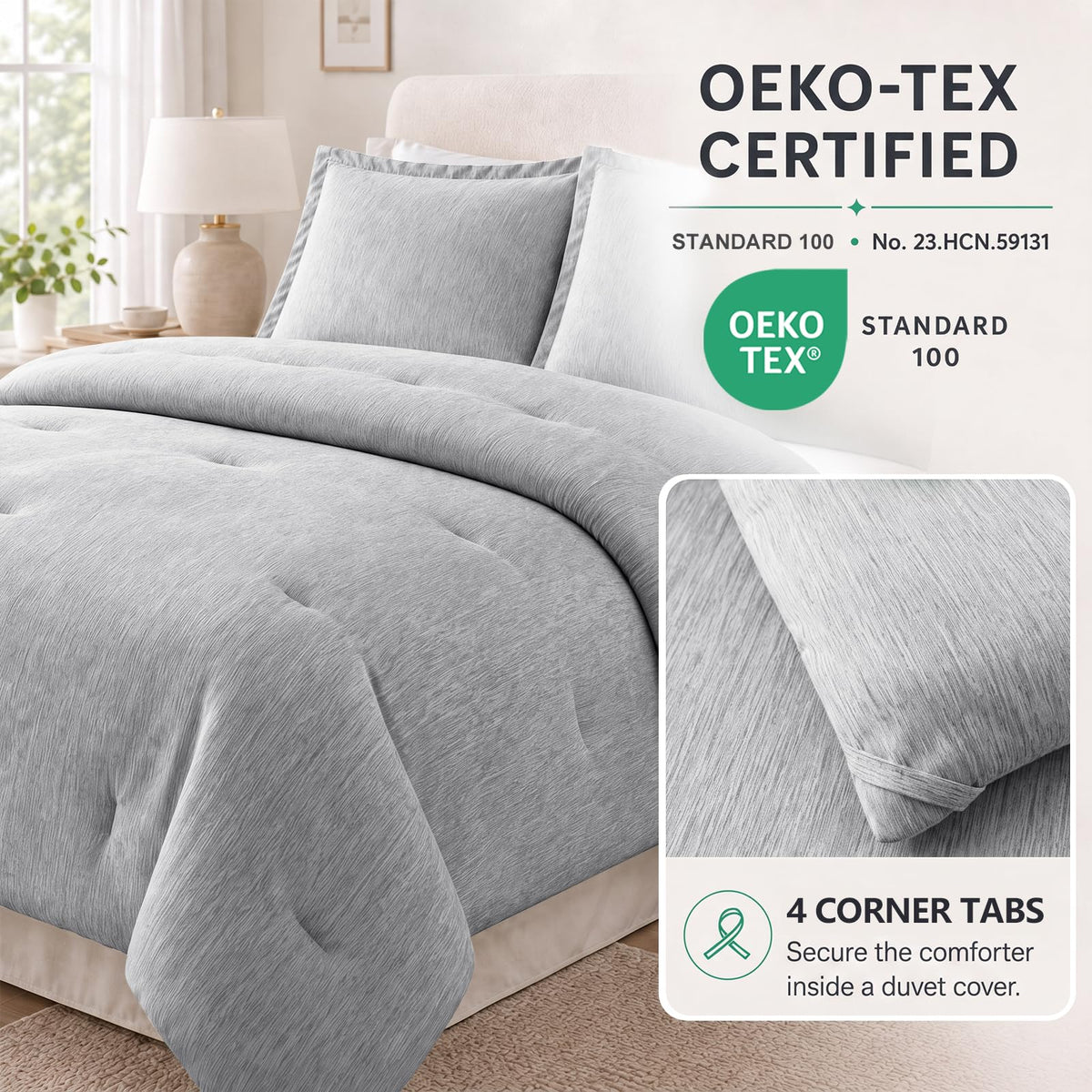 Comforter Set, Heathered Light Grey, 3 Pieces Bedding Sets