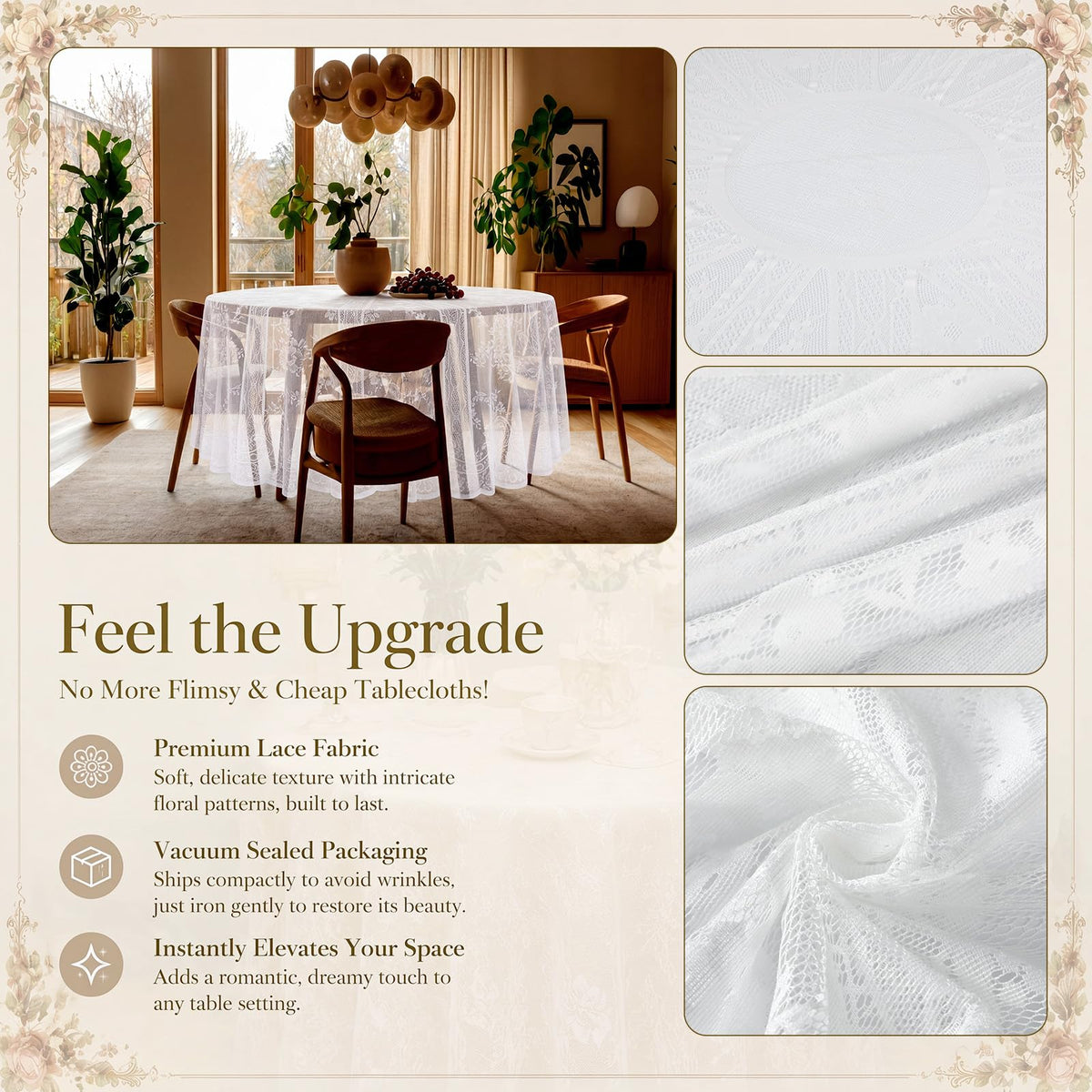 6 Pcs White 6 Pack Round Lace Tablecloth 90 Inch