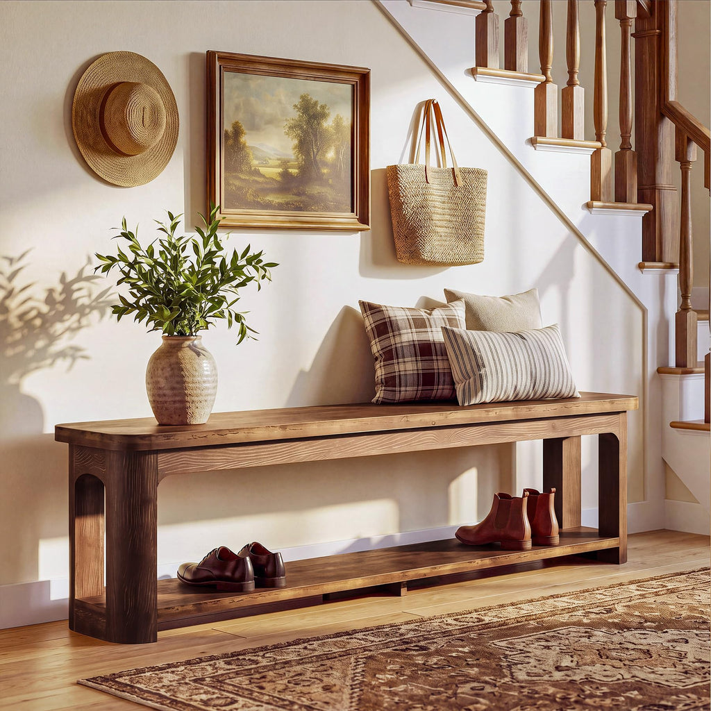 71" Solid Wood Beach with Storage, Farmhouse Entryway Shoe Bench