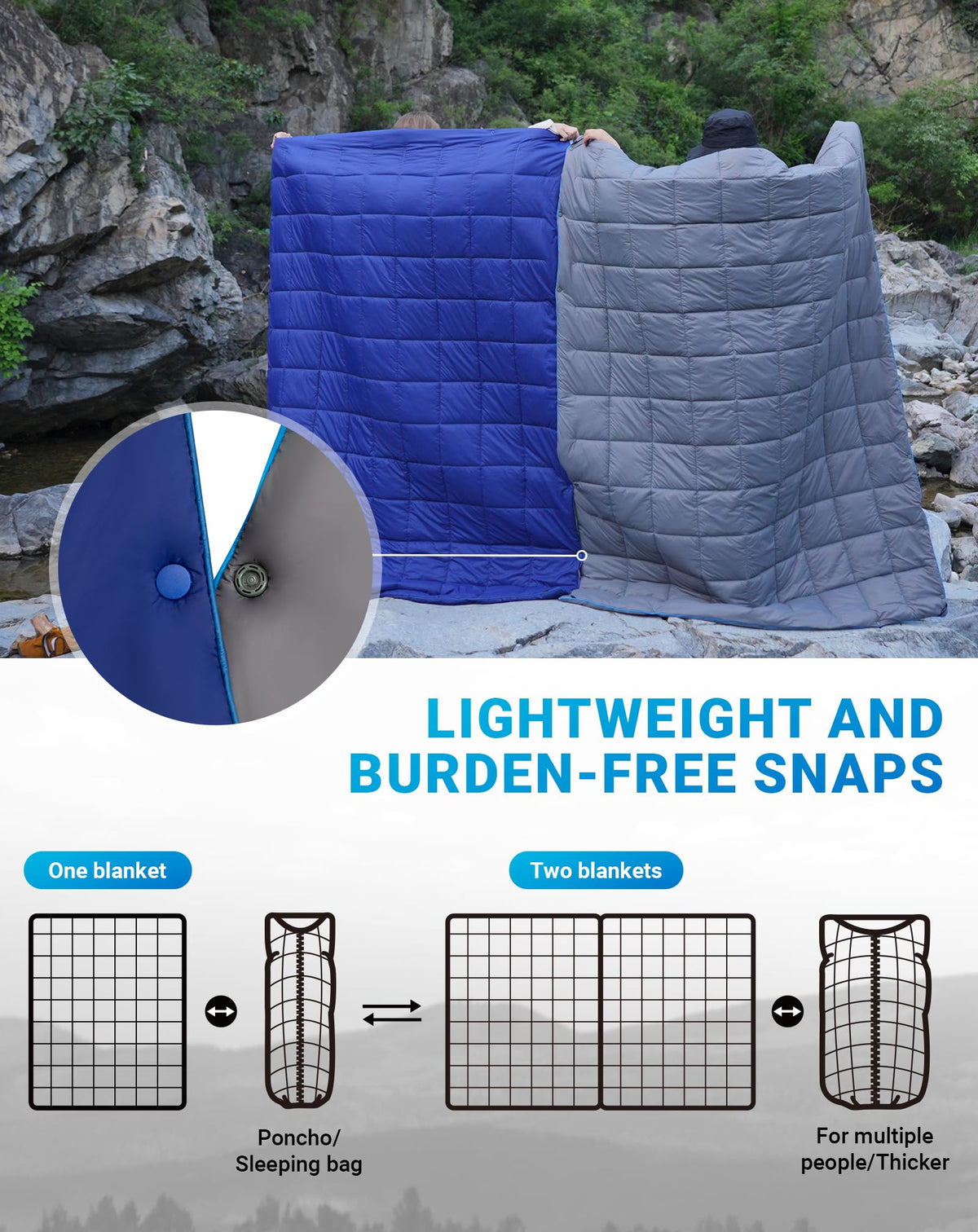 Ultralight Camping Blanket, Wearable Packable Blanket 69" x 53"