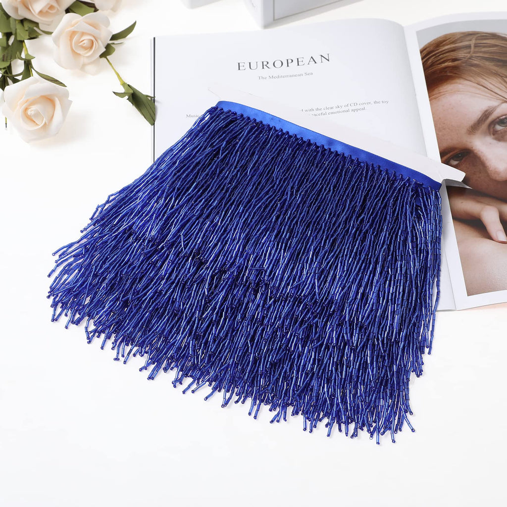 Beaded Fringe Trim for DIY Sewing Craft, 6in Wide, Royal Blue - 1 Yard