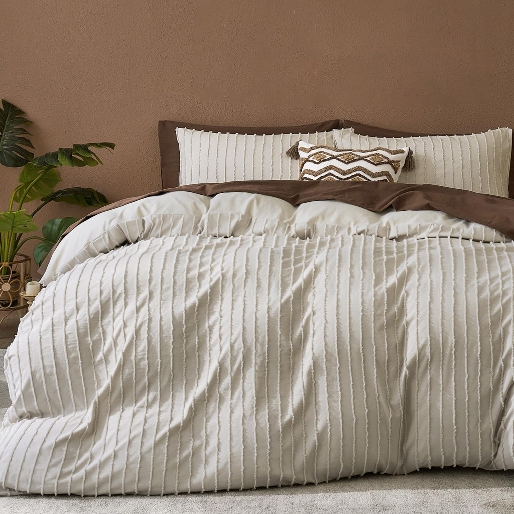 Oatmeal Striped Tufted Duvet Cover Set