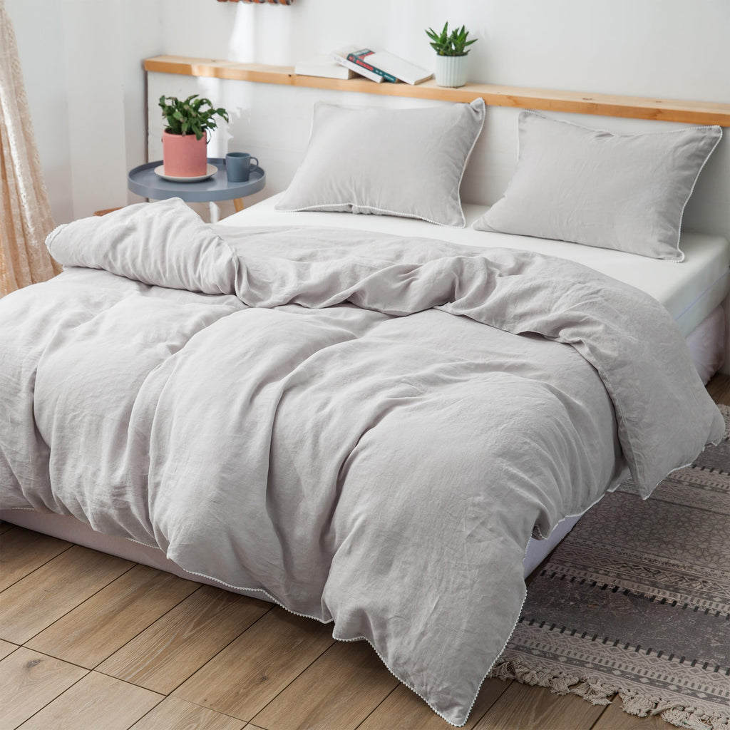 100% Washed Linen Duvet Cover with Pom Pom Trim, Natural French Flax Bedding Set Soft Breathable, 1 Farmhouse Boho