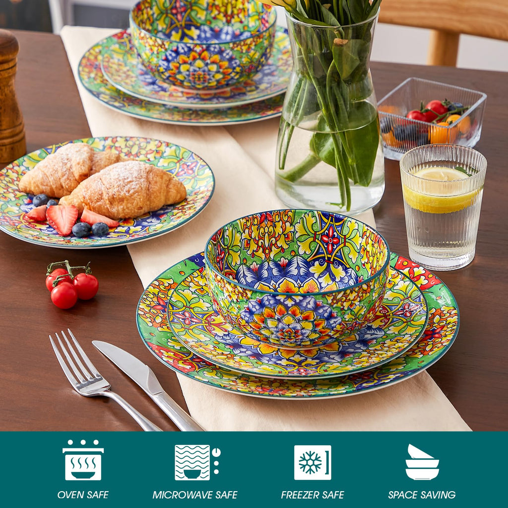 12 Pieces Dinnerware Sets, Green Plates and Bowls Set, Porcelain Dishes Set for 4, Microwave and Dishwasher Safe