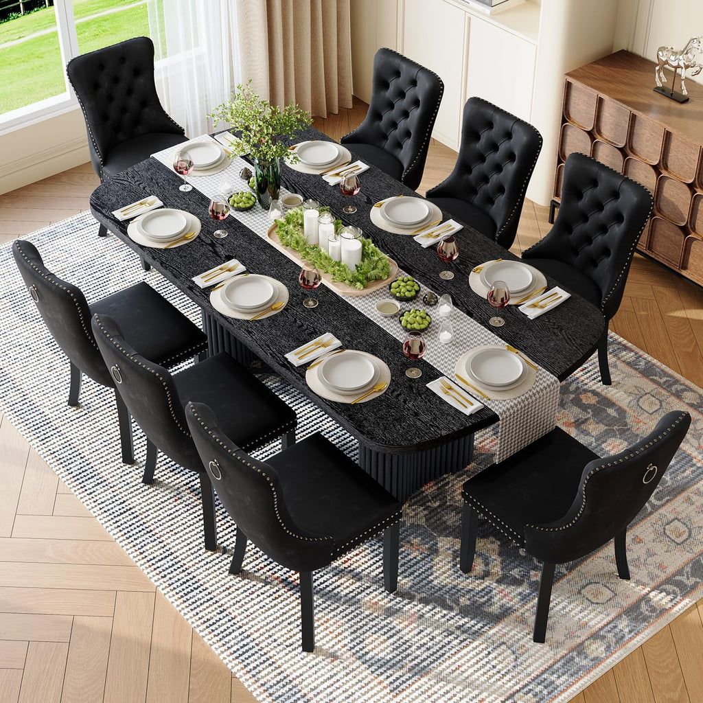 Dining Table Set for 8, 79'' Large Modern Rectangular Dining Room Table with 8 Velvet Chairs, Black Wood Finish