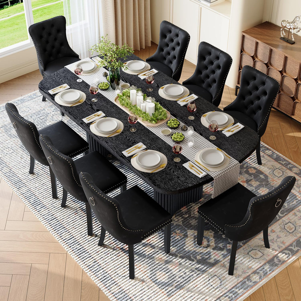 Dining Table Set for 8, 79'' Large Modern Rectangular Dining Room Table with 8 Velvet Chairs, Black Wood Finish