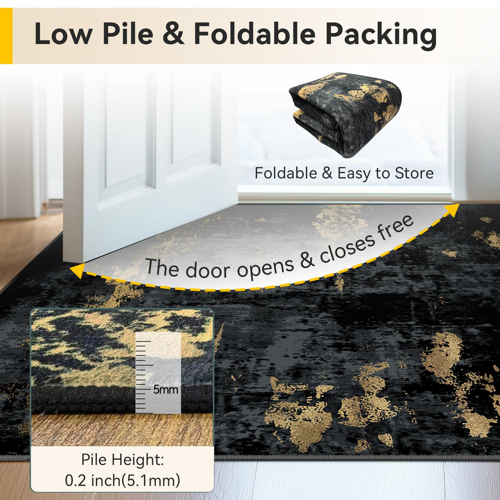 Washable Runner 2'6"x14' Abstract Area Rug Black Gold