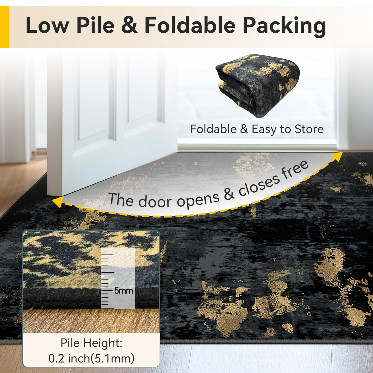 Washable Runner 2'6"x14' Abstract Area Rug Black Gold
