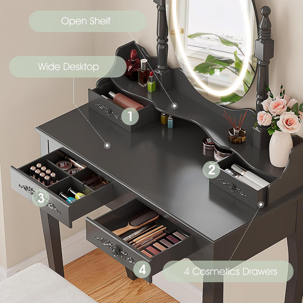 Vanity Desk with Mirror and Lights, Makeup Table with Cushioned Stool Set | Modern Vanity with 4 Drawers, 3 Color